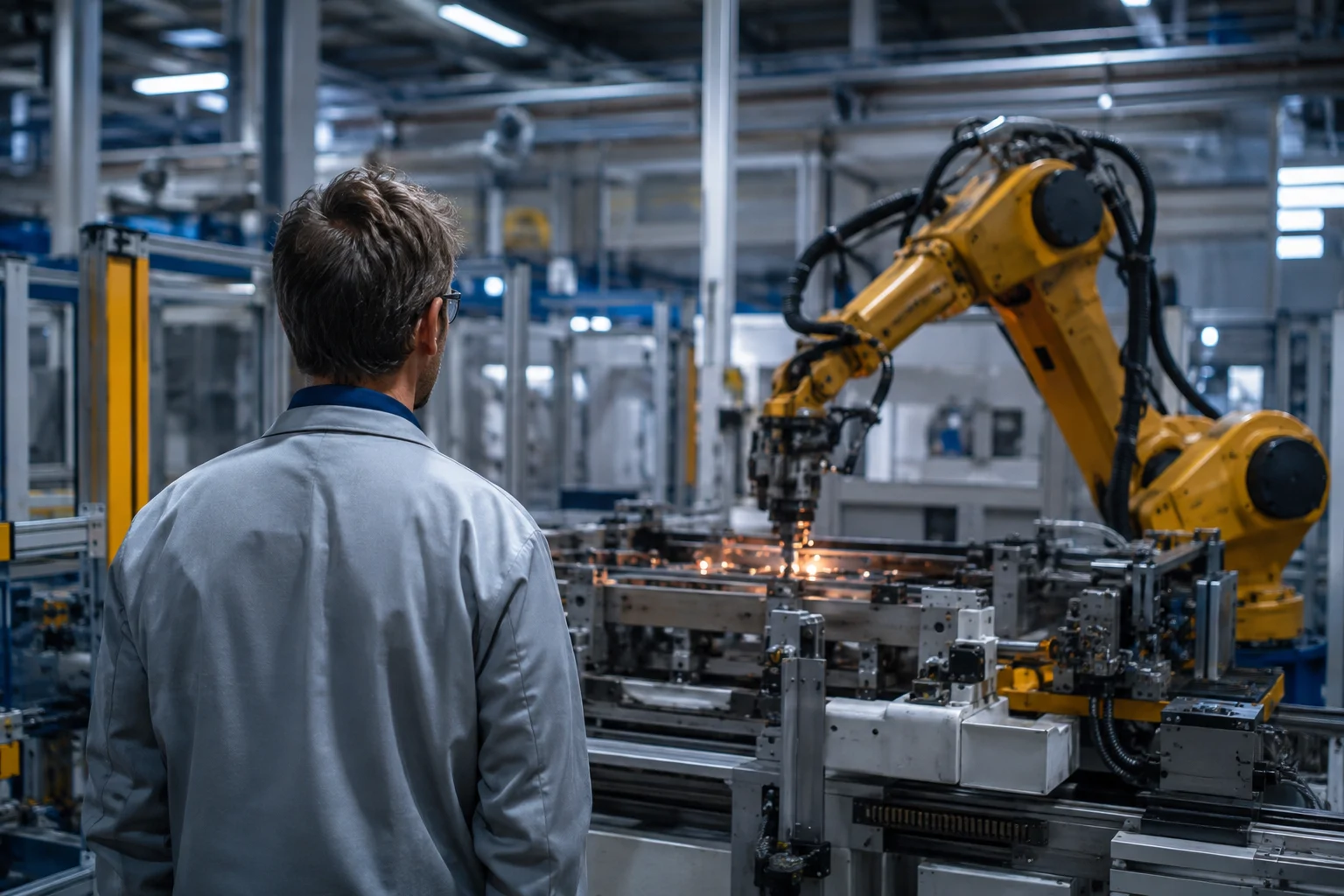 Engineer observing an automated manufacturing process cell