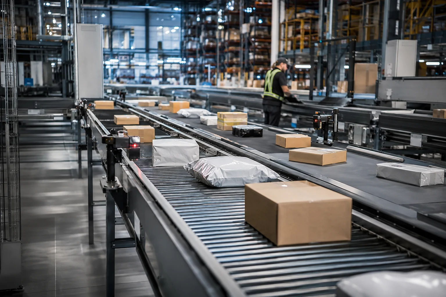 Parcels moving through an automated order fulfillment center